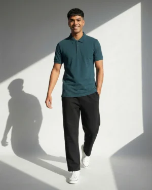 Petrol Blue Polo T-Shirt & Sweatpants Black Combo